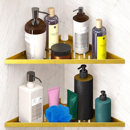 Corner Shower Shelf for Inside Shower - Adhesive/Stick/Drill/No Drill - Floating Strong 14" Gold Corner Shower Shelves for Bathroom, Tiled Wall, Caddy Organizer, Kitchen, Shower