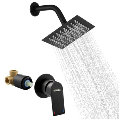 SOLVEX Shower Faucet Set with Valve Rain Shower System Head Stainless Steel Wall Mount Single Handle Shower Trim Kit 6 Inch High Pressure Shower Head Matte Black SP-90103-N - color: Black