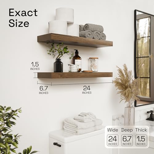 Solid Wood Floating Shelves for Wall 24 Inch Walnut, Wooden Bathroom Shelf | Real Wood, Wall Mounted, Rustic Farmhouse, Bedroom Kitchen Living Room, Walnut Finish, 24W x 6,7D, Set of 2 - color: Walnut, size: 24 Inch