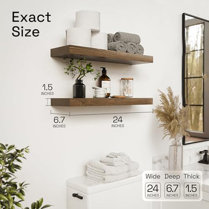 Solid Wood Floating Shelves for Wall 24 Inch Walnut, Wooden Bathroom Shelf | Real Wood, Wall Mounted, Rustic Farmhouse, Bedroom Kitchen Living Room, Walnut Finish, 24W x 6,7D, Set of 2 - color: Walnut, size: 24 Inch