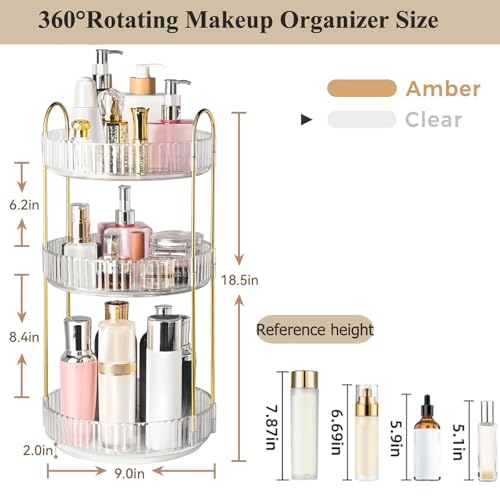 360° Rotating Makeup Organizer, 3 Tier Large Bathroom Makeup Organizers for Vanity, Clear Large Capacity Cosmetic Holder Perfume Storage Shelf
