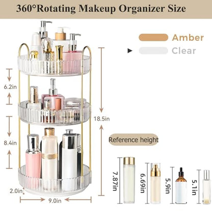 360° Rotating Makeup Organizer, 3 Tier Large Bathroom Makeup Organizers for Vanity, Clear Large Capacity Cosmetic Holder Perfume Storage Shelf
