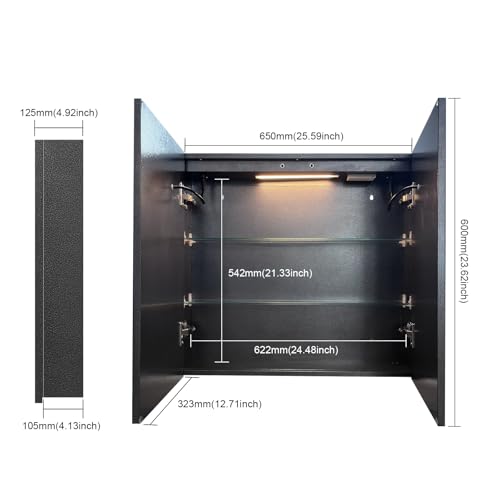 Black Bathroom Mirror Medicine Cabinets with LED Lights, Wall Mounted Mirror Medicine Cabinet with Adustable Shelf, Shaver Socket and Plug, 2 Doors, Anti Fog, Dimmable, Memory Function, 25.5 x 24 inch
