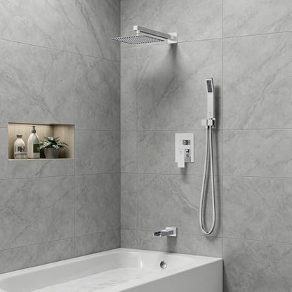 SR SUN RISE 8 Inch All Metal Square Shower System with Tub Spout, Tub Shower Faucet Set, High Pressure Rain Shower Head and Handheld Sprayer Shower Fixtues, Valve Included, Polished Chrome - color: Polished Chrome, size: 8 Inch