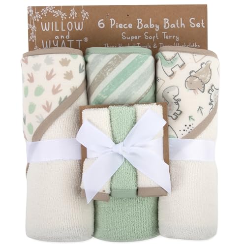 Hooded Baby Bath Towel and Washcloth 6 Piece Set for Newborns, Infants & Toddlers, Boys & Girls Baby Hooded Towels Set (Dinosaurs & Stripes) - color: Dinosaurs & Stripes