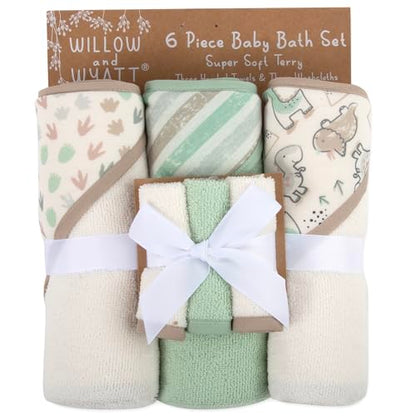 Hooded Baby Bath Towel and Washcloth 6 Piece Set for Newborns, Infants & Toddlers, Boys & Girls Baby Hooded Towels Set (Dinosaurs & Stripes) - color: Dinosaurs & Stripes