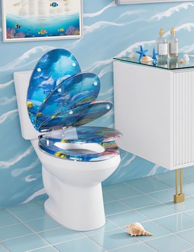 Angol Shiold ELONGATED Soft Close Wood Toilet Seat Blue Ocean Dolphins18.5" | Heavy Duty Quiet and Slow Close Lid and Seat, Quick Release Easy Installation & Clean(Blue Ocean Dolphins) - size: Elongated -18.5"
