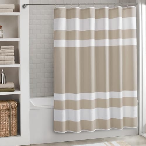 Madison Park Spa Waffle Weave Long Shower Curtain, 72 x 78, Taupe | Striped, Pieced Fabric Design, 3M Scotchgard Moisture Management, Hotel Quality, Modern, for Bathroom, OEKO-TEX Certified - color: Stripe Taupe, size: 72"W x 78"L (Pack of 1)