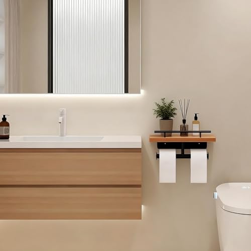 Toilet Paper Holder with Wood Shelf, Wall Mount Toilet Paper Roll Holder with Wooden Shelf and Matte Black Stainless Steel Pipe, Tissue Roll Holder for Bathroom Washroom (Light Brown, 13.8'' x 5.9'') - color: Light Brown, size: 13.8'' x 5.9''