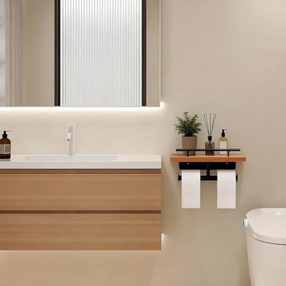 Toilet Paper Holder with Wood Shelf, Wall Mount Toilet Paper Roll Holder with Wooden Shelf and Matte Black Stainless Steel Pipe, Tissue Roll Holder for Bathroom Washroom (Light Brown, 13.8'' x 5.9'') - color: Light Brown, size: 13.8'' x 5.9''