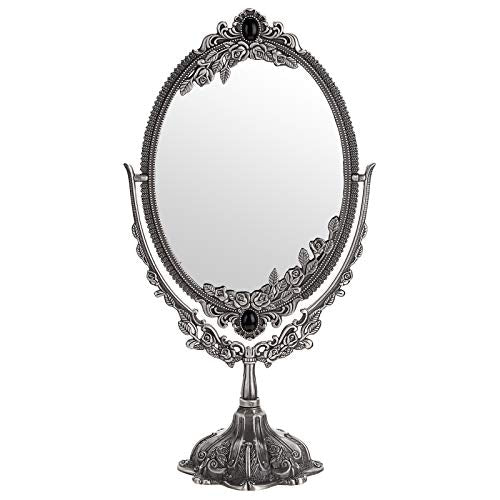 JUXYES Metal Tabletop Antique Decorative Makeup Mirror with Stand | Vintage 360° Swivel Double Sided Cosmetic Mirror with Frame, Retro Desktop Dressing Mirror Magic Mirror for Dresser, Silver - color: Silver, size: 15"L x 7"W