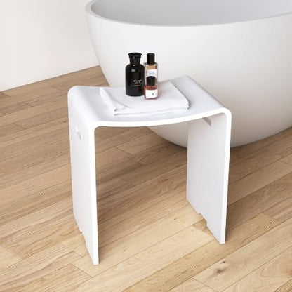 Modern Shower Stool, Matte White Solid Surface Bath Stool | Stone Resin Heavy-Duty, Matte Surface, Non-Slip Waterproof Chair Seat for Inside Showers and Outdoor Use (400 lbs Capacity) - color: White Handle Cutouts
