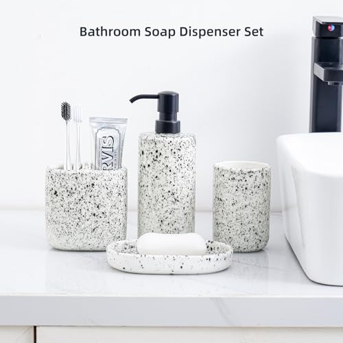 Bathroom Accessories Set 4 Pcs - Featuring Unique Ink-Splattered Design - Ceramic Bathroom Accessory Sets Contain Toothbrush Cup, Soap Dispenser, Soap Dish, Tumbler (White)