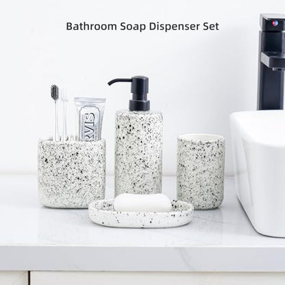 Bathroom Accessories Set 4 Pcs - Featuring Unique Ink-Splattered Design - Ceramic Bathroom Accessory Sets Contain Toothbrush Cup, Soap Dispenser, Soap Dish, Tumbler (White)