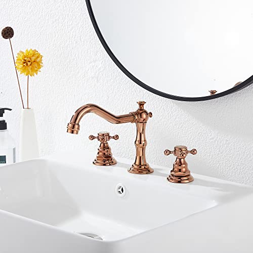 8-16 inch Two Handles 3 Holes Widespread Bathroom Sink Faucet Copper Basin Mixer Tap Faucet Matching Metal Pop Up Drain with Overflow - color: Copper, style: Metal Cover
