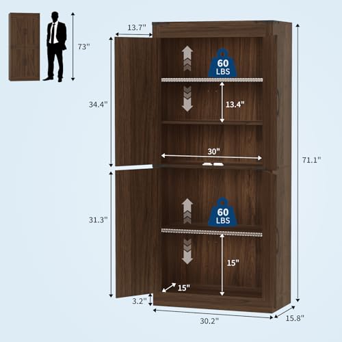GarveeHome 71 in Tall Farmhouse Kitchen Pantry Storage Cabinet with 4 Barn Doors and Adjustable Shelves, Freestanding Rustic Wood Cupboard Storage Cabinets for Kitchen, Dining Room, Bathroom, Brown