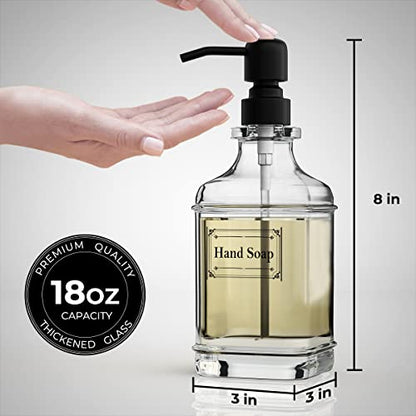 GLADPURE 2 Pack Soap Dispenser, 18 Oz Antique Design Thick Glass Hand Dispensers; with 304 Rust Proof Stainless Steel Pump, 6Pcs Clear Stickers, for Kitchen, Bathroom- Black - color: Black