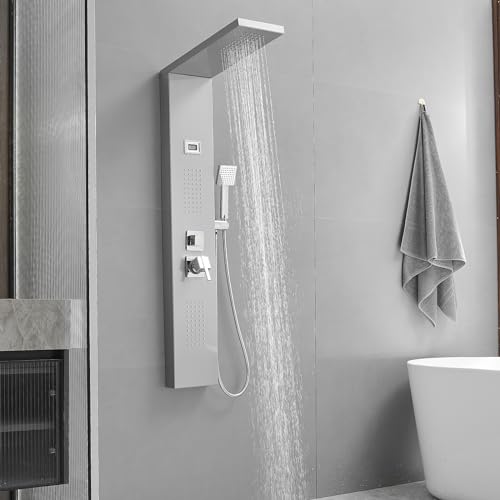 BWE Multi-Function Shower Panel System with Rainfall Shower Head Massage Body Jets and Handheld Shower Head 3 In1 Shower Panel Tower Stainless Steel for Home Hotel Resort Brushed Nickel and Chrome
