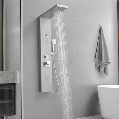 BWE Multi-Function Shower Panel System with Rainfall Shower Head Massage Body Jets and Handheld Shower Head 3 In1 Shower Panel Tower Stainless Steel for Home Hotel Resort Brushed Nickel and Chrome