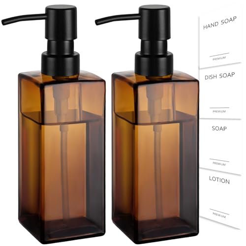 GMISUN Amber Glass Soap Dispenser, 2 Pack Hand Soap Dispenser Bathroom, 12 fl oz/350ml Dish Dispenser Set for Kitchen, Glass Liquid Dispenser with Stainless Steel Pump, Brown Soap Dispensers Bottle - color: Amber Bottle + Black Pump