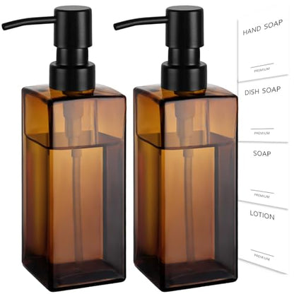 GMISUN Amber Glass Soap Dispenser, 2 Pack Hand Soap Dispenser Bathroom, 12 fl oz/350ml Dish Dispenser Set for Kitchen, Glass Liquid Dispenser with Stainless Steel Pump, Brown Soap Dispensers Bottle - color: Amber Bottle + Black Pump