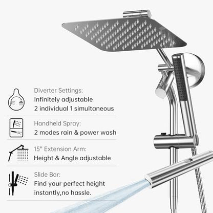 Veken 10" Luxurious Rain Shower Head with Handheld, High Pressure Rainfall Shower Heads wih Extension Arm, Wide Dual Showerhead with Spray Combo, Bathroom Accessories, Chrome, Silver - color: Chrome