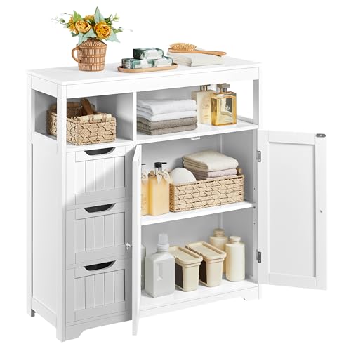 Yaheetech Small Bathroom Storage Cabinet with 3 Drawers & 2 Doors, White | Bathroom Organizer for Towels, Adjustable Shelf & 2 Open Compartments, Fits Laundry & Living Rooms, Slim MDF Floor Cabinet - color: White, style: 2 Doors + 3 Drawers + 2 Open Compa