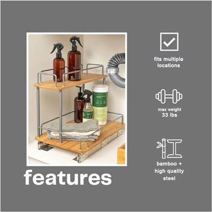 Household Essentials Bamboo and Silver Iron Two-Tier Slide-Out Organizer - size: 11.5", style: Steel Rim Undersink