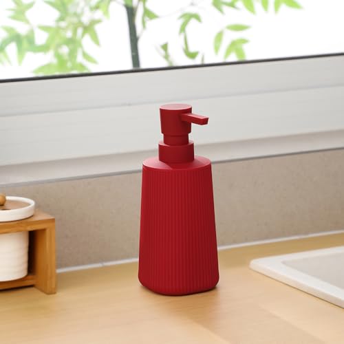 YAUKPH Small Soap Dispenser for Bathroom and Kitchen Matte Red | Modern Farmhouse Striped Style Plastic Hand Soap Dish Soap Dispenser with Pump - color: Red