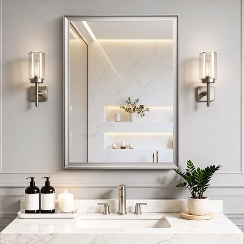 Brushed Nickel Bathroom Mirrors for Over Sink 30x40 Inch | Silver Rectangle Vanity Mirror, Wall Decor for Bedroom, Entryway, Living Room, Aluminum Framed, Curved Wide Edge, Anti-Rust - color: Brushed Nickel, size: 30"L x 40"W