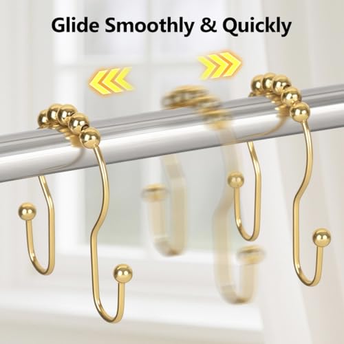 Resze Double Shower Curtain Hooks, Sturdy Metal Nickel Shower Curtain Rings, Glide Roller Shower Hooks,Rust Proof Anti-Drop Curtain Hooks, 12 Pcs Smooth Sliding Rings for Bathroom Shower Rods Curtains - color: Gold