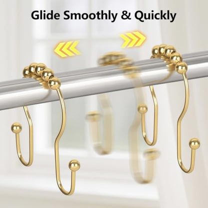 Resze Double Shower Curtain Hooks, Sturdy Metal Nickel Shower Curtain Rings, Glide Roller Shower Hooks,Rust Proof Anti-Drop Curtain Hooks, 12 Pcs Smooth Sliding Rings for Bathroom Shower Rods Curtains - color: Gold