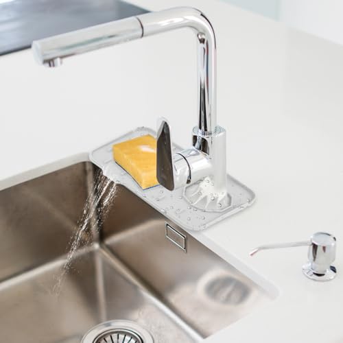 Dimeho Sink Faucet Splash Guard Mat Silicone Soap Dish Pad Small Faucet Handle Drip Catch Sponge Holder Sink Protector Trays for Bathroom Kitchen Countertop Gadgets Accessories 8.3 x 5.7 Inch - color: White