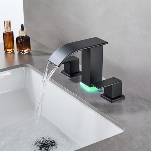 Bathroom Faucets 8 Inch Widespread Bathroom Sink Two Handles Matte Black Modern 3 Hole Waterfall Vanity Sink Faucet for 3 Hole with LED Light with Pop Up Drain - color: Matte Black