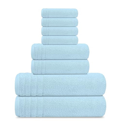 8 Piece Towel Set, 2 XL Bath, 2 Hand, 4 Washcloth, Sky Blue | 100% Cotton, Lighter Weight, Quicker to Dry, Super Absorbent, Perfect for Bathroom - color: Sky Blue