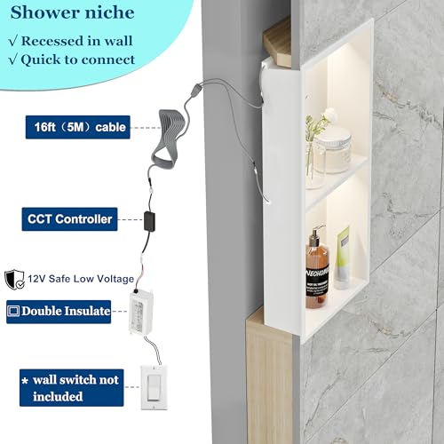 White 2-Tier 3 CCT LED Niche, 12"x24" No-Tile Shower Storage | shower niche with 3-Temperature LED Strip Light (4000K/6000K/3000K),Waterproof, Sturdy&Durable,304 Stainless Steel Wall Niche - color: White, size: 12X24In