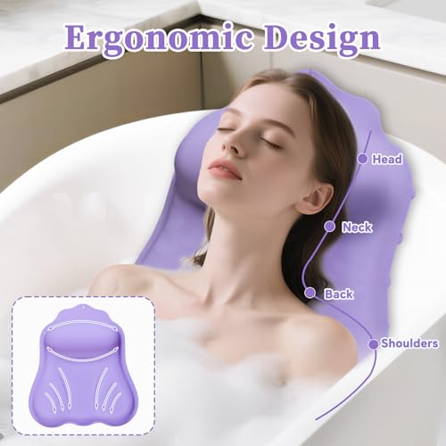 Luxury Silicone Bath Pillow for Tub, New Cloud-Soft 4D Air-Cushion Bathtub Pillow for Head and Neck & Back Support, Strong Suction Cups, Waterproof Quick-Dry Bathtub Headrest (Purple) - color: Purple