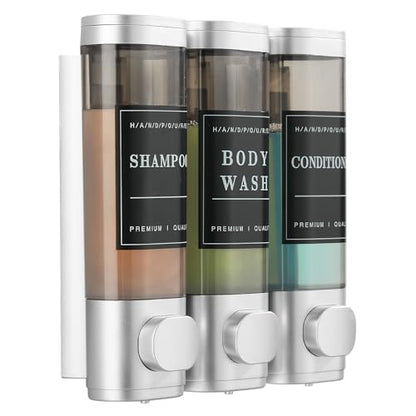 Shower Soap Dispenser Wall Mounted No Drill Shampoo Dispenser for Shower Wall Shampoo and Conditioner Dispenser Bathroom Hotel 3 * 300ml with Waterproof Labels Sliver - color: Silver