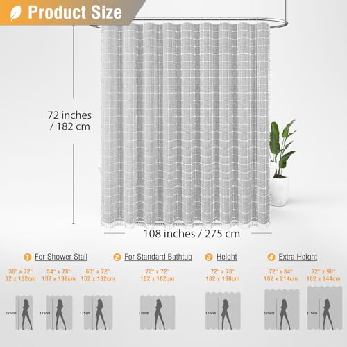 108x72 Boho Farmhouse Linen Heavy Duty Shower Curtain Set, Gray/Grey | Extra Wide Size, 330GSM Linen Blend, 3-side Tassels, Waterproof Fabric, 18 Plastic Hooks, Rustic Bohemian, Machine Washable - color: Grey, size: 108"W x 72"L (Pack of 1)