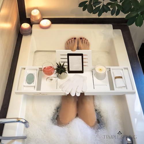 Bamboo Bathtub Tray Caddy for Tub — Expandable Wood Bath Tray with Solid Book Stand Wine Holder and Non-Slip Pads — Includes Bamboo Soap Dish and Spa Accessories — Luxury Bath Gift Set - color: White