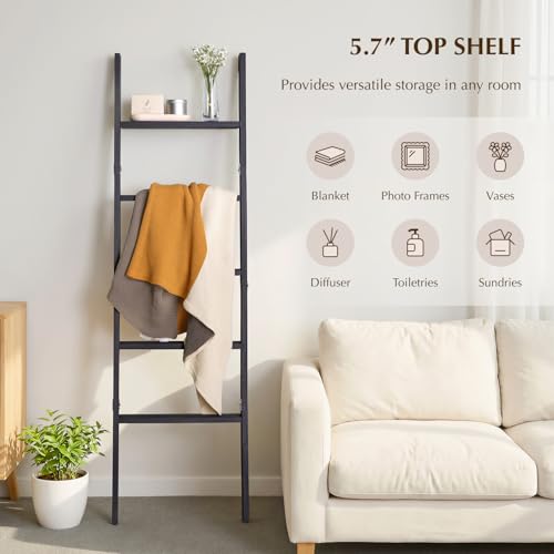 Blanket Ladder with Top Shelf, 5-Tier Wood 64” Decorative Ladder for Living Room Throws, Bedroom Quilt, Bathroom Towel & Toiletry Storage, Home Decor Stand (Black)