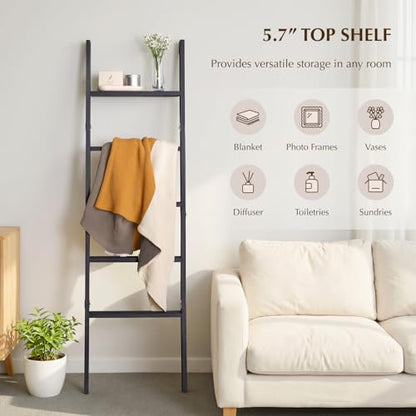 Blanket Ladder with Top Shelf, 5-Tier Wood 64” Decorative Ladder for Living Room Throws, Bedroom Quilt, Bathroom Towel & Toiletry Storage, Home Decor Stand (Black)