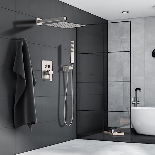 Rainfall Shower System, STARBATH 12 inch Wall Mounted Rain Shower Head with Handheld Spray, Push Button Diverter 2 Functions Simultaneous Use, Shower Faucet Set Rough-In Valve Includ, Brushed Nickel - color: Brushed Nickel, size: 12+12 inch-20