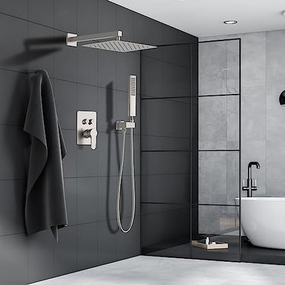 Rainfall Shower System, STARBATH 12 inch Wall Mounted Rain Shower Head with Handheld Spray, Push Button Diverter 2 Functions Simultaneous Use, Shower Faucet Set Rough-In Valve Includ, Brushed Nickel - color: Brushed Nickel, size: 12+12 inch-20