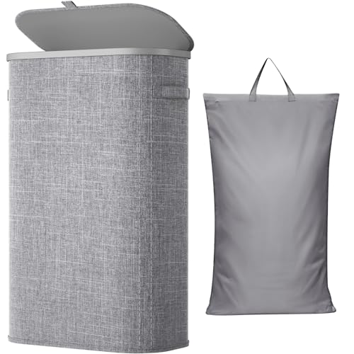 Lifewit Slim Laundry Basket with Lid, Narrow Large Laundry Hamper with Plastic Handles and Removable Bag, Tall Foldable Dirty Clothes Hampers for Laundry Room, Bedroom, Bathroom, Dorm, 65L Gray - color: Gray, size: 65L