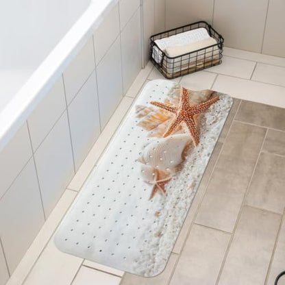 LNOND Summer Beach Bathtub Mat Non Slip, 40 X 16 Inch Tub Mat for Bathroom, White Seashells Bath Tub Shower Mat with Drain Holes and Suction Cups - color: White Seashells Bathtub Mat