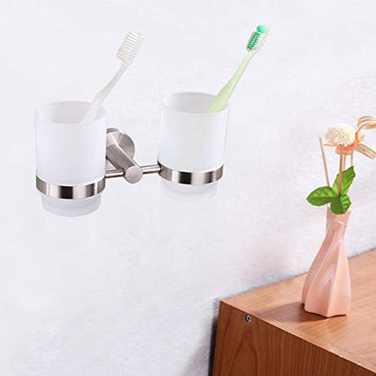 Double Toothbrush Holder, Angle Simple SUS304 Stainless Steel Wall Mounted Glass Tumbler Holder with Frosted Glass Cup Toothpaste Razor Organizer Bathroom Storage, Brushed Nickel - color: Brushed Steel