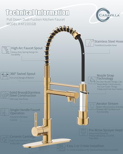 Kitchen Faucet with Soap Dispenser, Brushed Gold Kitchen Faucet, Kitchen Faucets with Pull Down Sprayer and Deck Plate, Stainless Steel Spring Camper Laundry RV Faucets for Kitchen Sinks - color: C.Brushed Gold, style: 1.Faucet+Soap Dispenser+Hole Cover