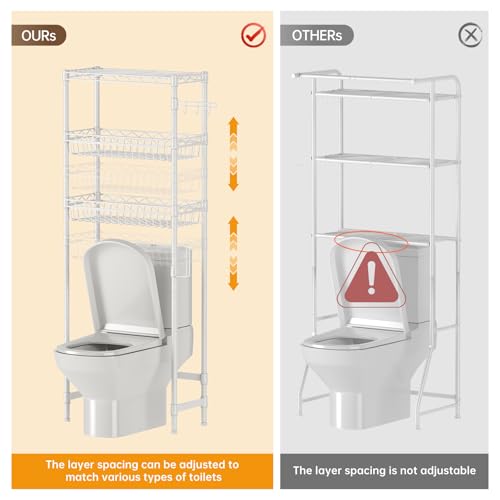 Golpart 3-Tier Over-The-Toilet Storage Shelf,Heavy-Duty Adjustable Bathroom Rack with 2 Mesh Baskets,Toilet Paper Holder & Hooks,Space-Saving Organizer for Bathroom,10”D x 24”W x 66”H,White