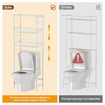 Golpart 3-Tier Over-The-Toilet Storage Shelf,Heavy-Duty Adjustable Bathroom Rack with 2 Mesh Baskets,Toilet Paper Holder & Hooks,Space-Saving Organizer for Bathroom,10”D x 24”W x 66”H,White